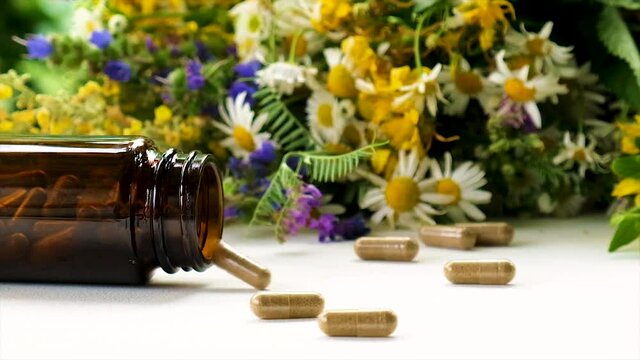 Medicinal herbal extracts and dietary supplements. Selective focus.