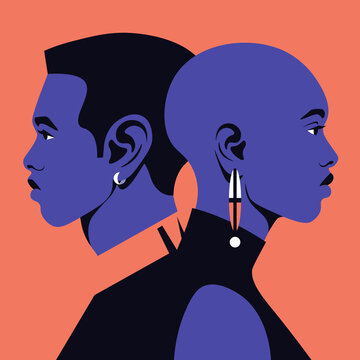 Profiles of young African couple. Woman and man. Family relationships and gender conflict. Psychology. Husband and wife. Divorce. Vector flat illustration