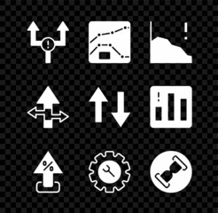 Set Arrow, Graph, chart, diagram, Financial growth decrease, Percent up arrow, Wrench and gear, Old hourglass with sand, and icon. Vector