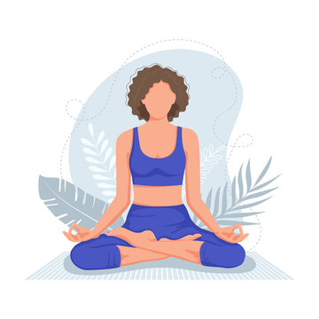 Woman meditates in the lotus position on the background of nature. Concept faceless for yoga, meditation, healthy lifestyle. Vector illustration in flat cartoon style isolated on white background.