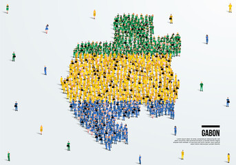 Gabon Map and Flag. A large group of people in the Gabon flag color form to create the map. Vector Illustration.