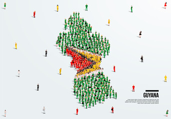Guyana Map and Flag. A large group of people in the Guyana flag color form to create the map. Vector Illustration.