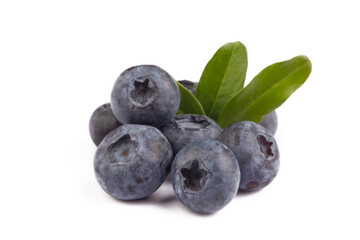 Fresh blueberries with bluberry leaves isolated on white background.