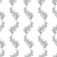 Seamless pattern graphic branch black color with leaves line art on a white background. For packaging, textiles, advertising