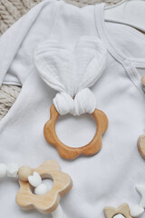 Wooden toys, rattles, teethers, nipple holder. Baby development, fine motor skills. Children and newborn products and accessories. Kids clothes. Wish list for pregnancy and baby shower.