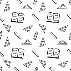 Seamless pattern of doodle black pencils, rulers for study on a white background. For advertising, packaging, design