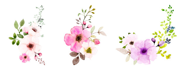 Watercolor pink floral bouquets set