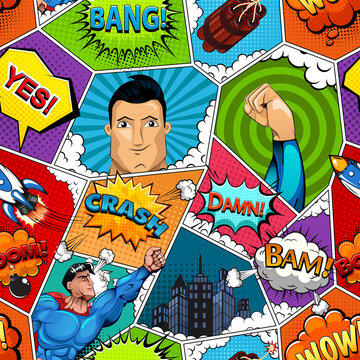 Comic book page divided by lines seamless pattern with speech bubbles, rocket, superhero and sounds effect. Illustration
