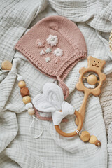 Hobbies and handicrafts. Knitted beanie with handmade embroidery. Wooden toys, rattles, teethers, nipple holder. Baby development, fine motor skills. Children and newborn products and accessories.