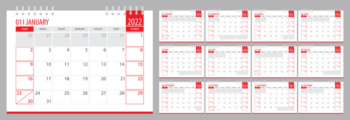 Vector 2022 calendar planner template for office and print, Sunday week start, color illustration