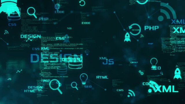 abstract grid,web development concept animation with keywords and icons (3d render)