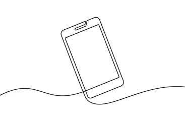 Fotobehang Een lijn Telefoon lijn achtergrond. Een lijntekening achtergrond. Doorlopende lijntekening van smartphone. Vector illustratie.