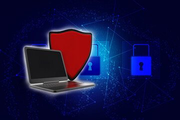 laptop with shield. Isolated 3d rendering image