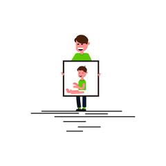 Time flow. Illustration. A man and his baby photo of a son. man with a laptop 