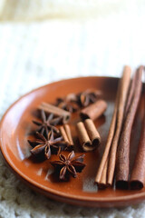 Plate of various winter spices and knitted blanket. Selective focus.