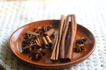 Plate of various winter spices and knitted blanket. Selective focus.