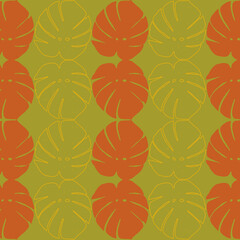 Seamless pattern of dry orange and yellow line of monstera leaves repeat on green background as vector illustration. Fall or autumn season concept wallpaper. Vintage and retro style.