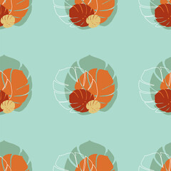 Seamless pattern of dry monstera leaves with line on blue background as vector illustration. Fall or autumn season concept wallpaper.