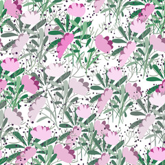 Beautiful lilac flowers in a naive style. Seamless floral pattern on a white background. Vector illustration. Used for printing wallpapers, fabrics, packaging, etc.