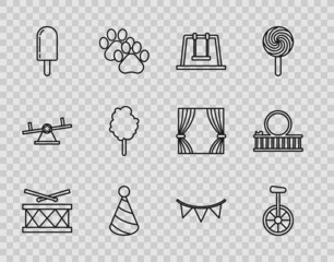 Set line Drum with drum sticks, Unicycle or one wheel bicycle, Swing, Party hat, Ice cream, Cotton candy, Carnival garland flags and Roller coaster icon. Vector © Oksana