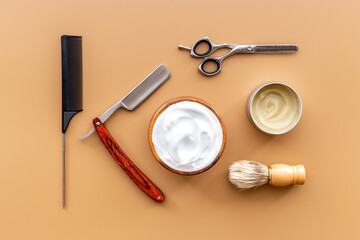 Barber shop equipment with hairdressing scissors. Top view