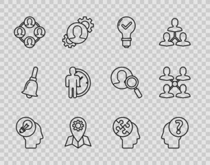 Set line Human head with lamp bulb, question mark, Light and check, Location job, Project team base, Time Management, puzzles strategy and icon. Vector