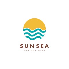 Sun and Sea Logo. Summer Beach Coast Island, Sea Ocean and Summer Sun Logo design Vector