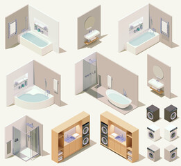 Vector isometric bathroom furniture and plumbing fixtures. Bathroom equipment and sanitary hardware. Bathtub, toilet, washbasin, faucet, shower, sink