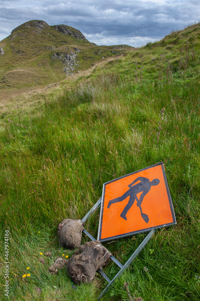 Wall mural sign laying in grass. men at work. ireland.