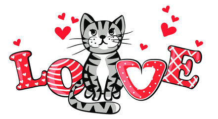 Cute striped cat with love text. Valentines day greeting card template. Vector illustration in doodle style.