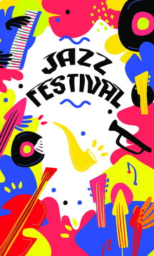 Jazz Festival, music event and fair banner design with vintage colors. Crazy colorful poster for promo in social media