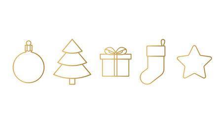 golden christmas elements: baubble, tree, gift, sock and star- vector illustration