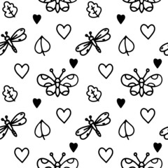 Vector butterflies, dragonflies, leaves, hearts. Seamless linear black and white pattern for wedding, Valentine's Day