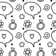 Pattern with flowers, hearts, rings and a wedding proposal. Linear black and white pattern for Valentine's Day, wedding