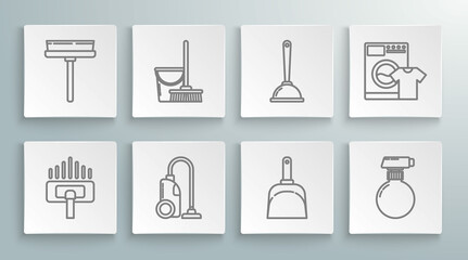Set line Vacuum cleaner, Mop and bucket, Dustpan, Toilet plunger, Washer t-shirt and Squeegee, scraper, wiper icon. Vector