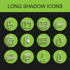 Set line Brush for cleaning, Vacuum cleaner, Toilet bowl, plunger, Plastic bottles liquid dishwashing liquid, Shower head with water drops flowing, and Towel stack icon. Vector