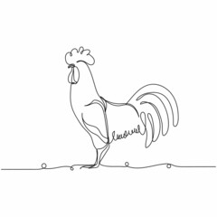 Vector continuous one single line drawing icon of rooster in silhouette on a white background. Linear stylized.