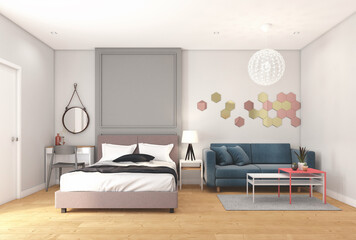 Nordic style apartment with room furniture, bed and sofa, white wall and wood floor. 3d rendering