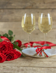 Valentine's Day concept Valentine's Day. Red rose. Roses and ribbon. Copyspace