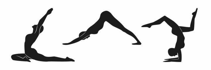 Yoga silhouettes. Collection of yoga poses. Asana vector set - obrazy, fototapety, plakaty