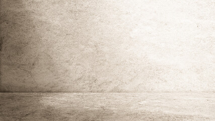 Unobtrusive sepia concrete wall and floor used for background with pastel lighting and shadow. abstract vintage blank exhibition stage, room, podium for product displayed.