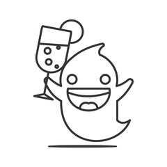 Excited ghost with a cocktail glass. Celebration concept. Outline thin line illustration. Isolated on white background. 