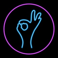 Human hand neon sign, modern glowing banner design, colorful trend of modern design on black background. Vector illustration.