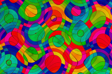 Fototapeta na wymiar 水彩テクスチャーのマルチカラーの鮮やかな円と曲線の模様 