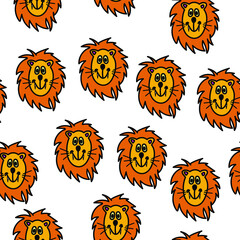 Funny Hand Drawn Cartoon Lion Head of a Lion Seamless Background Pattern