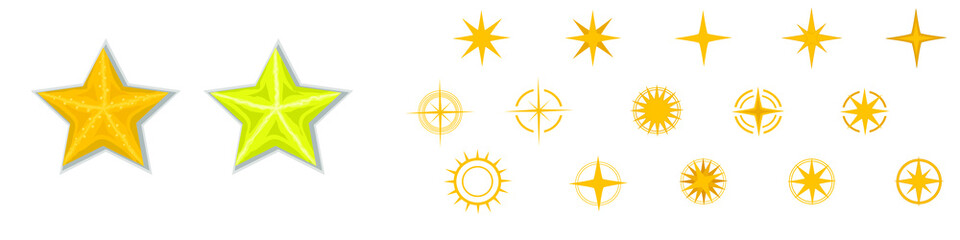 A set of stars. Bright simple and complex stars. Vector graphics. 