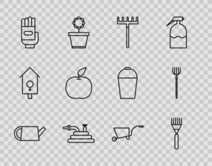 Set line Watering can, Garden rake, hose or fire hose, gloves, Apple, Wheelbarrow and pitchfork icon. Vector