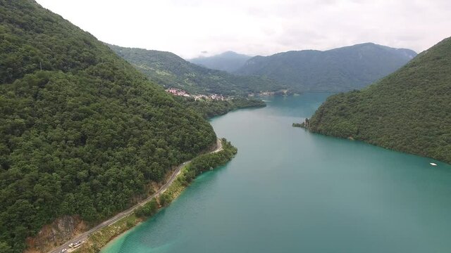 Piva lake between the mountains. Drone