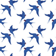 Vector seamless pattern with hand-draw birds. Pattern with swallows in classic blue red white colors. Simple and elegant pattern on white background.