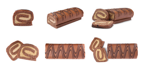 Set with tasty chocolate cake rolls on white background. Banner design